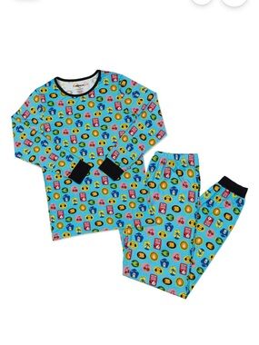 Mythical unisex Blue Printed Long-Sleeve Pajama Set with Black Trim